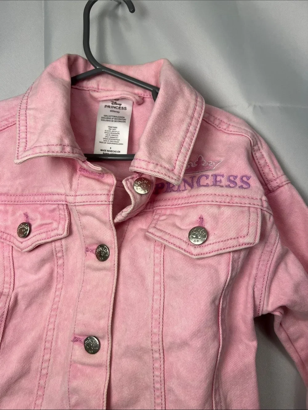 Disney Princess pink denim jacket with princess embroidery and graphic size 5
